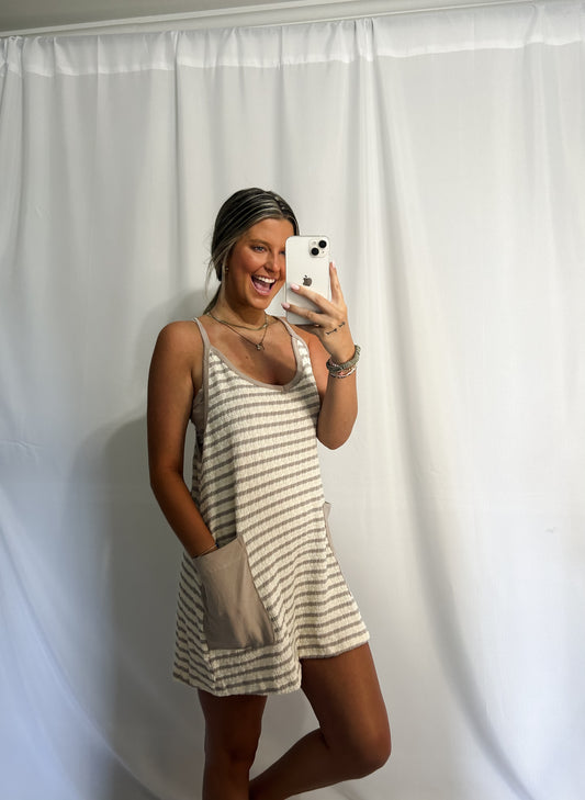 The Sutton Striped Sporty Romper - Taupe